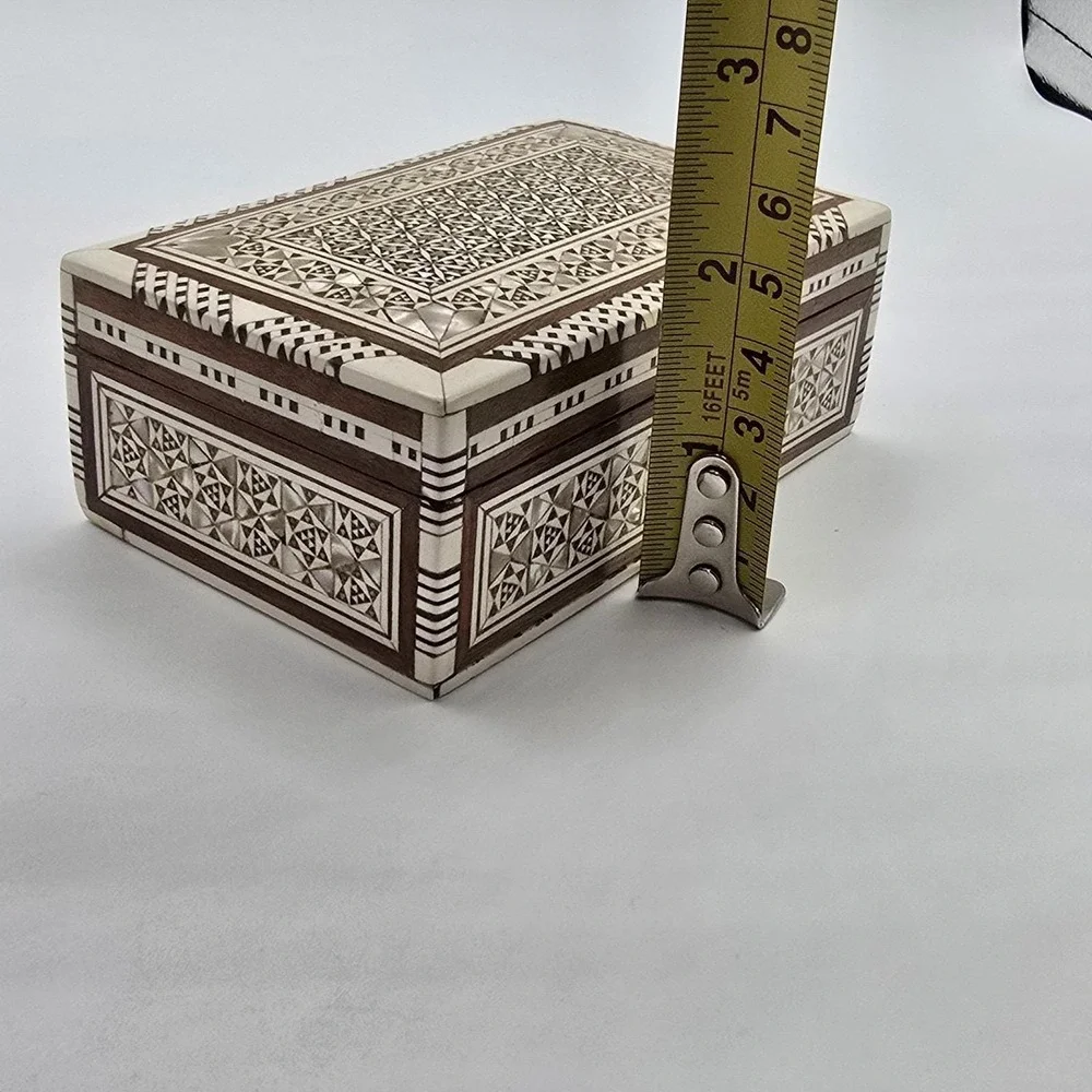Vintage Turkish Mother of Pearl Inlay Wood Marquetry Jewelry Trinket Box